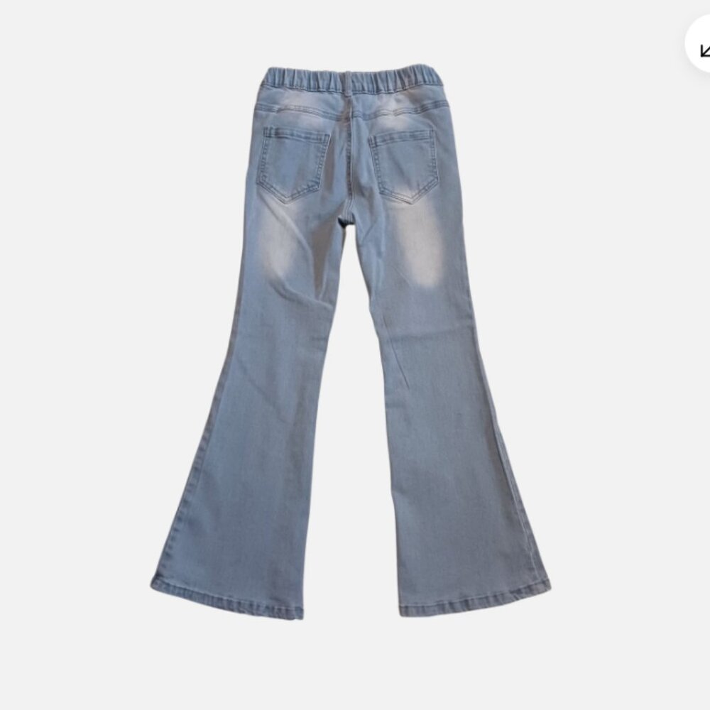 SHEIN Youth Girls 10Y Blue Denim Flare Leg Light Wash Flower Elastic Waist pants - Picture 3 of 7